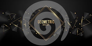Abstract, geometric banner with 3d, black and golden triangles. Elegant wallpaper design for template or brochure. Decorative,