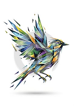 Abstract geometric bird illustration featuring vibrant, angular