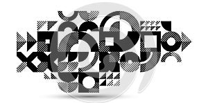 Abstract geometric black and white vector background, modular tiling stripy art with circles and other shapes, monochrome retro