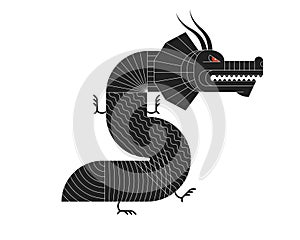 Abstract geometric Chinese dragon zodiac black symbol with art linear pattern. Asian sacred modern shape symbol design