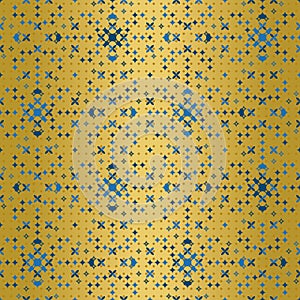 Abstract geometric Christmas pattern with blue and gold little flowers, stars and dots on a gold gradient background.