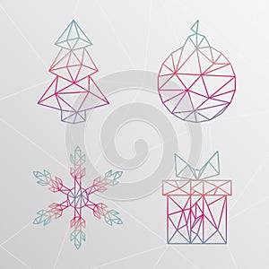 Abstract geometric christmas tree, snowflake, gift box, christmas ball on a light background