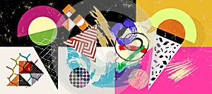 Abstract geometric circle background, with grunge structure, paint strokes, splashes and elements