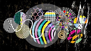 Abstract geometric circle vector art, with strokes and splashes, on black, copy space