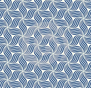 Abstract geometric composition with blue striped waves on a white background. Seamless repeating pattern. Stylish modern design.