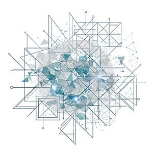 Geometric composition featuring interconnected lines, triangles,