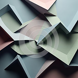 Abstract geometric composition featuring overlapping 3D shapes with sharp edges