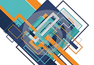 Abstract geometric composition featuring overlapping rectangles and lines in blue, orange, teal,