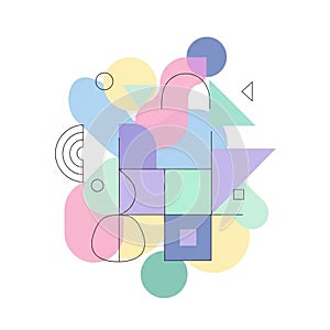 Abstract geometric composition featuring overlapping shapes in pastel colors. Elements include