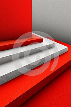 Abstract geometric composition featuring red and white layers.