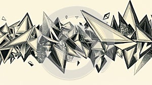 Abstract geometric composition featuring sharp, angular shapes and contrasting textures