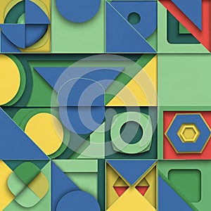 An abstract geometric composition featuring various shapes including circles,
