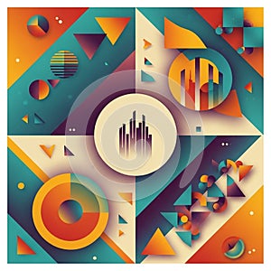 Artwork utilizes bold contrasts and dynamic shapes to create a