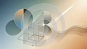 Abstract geometric composition with glowing light rays and spheres on gradient background