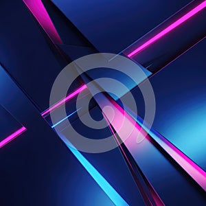 Abstract geometric composition with neon pink and blue light accents on dark blue background