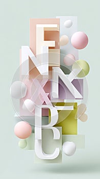 Abstract geometric composition with pastel colors and 3d letters