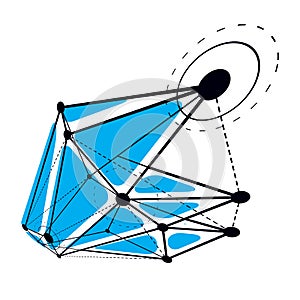 Abstract geometric 3D wireframe object, digital technology vector illustration.