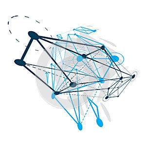 Abstract geometric 3D wireframe object, digital technology vector illustration.