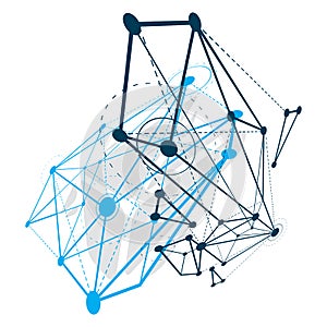 Abstract geometric 3D wireframe object, digital technology vector illustration.