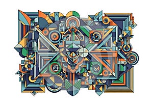 Abstract geometric design with a complex arrangement of shapes, primarily consisting of triangles,