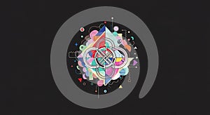 An abstract, geometric design features a colorful array of shapes, including circles, triangles,