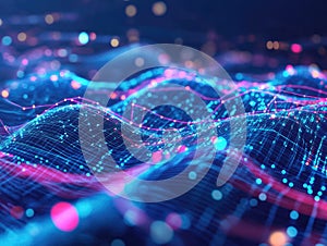 Abstract geometric design featuring blue and pink colors, lines, and dots