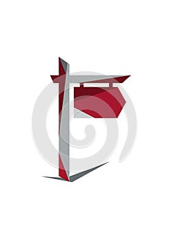 Abstract geometric design featuring red and gray angular shapes.