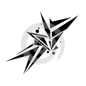 Abstract geometric design featuring sharp, black angular shapes and small circular