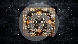 Abstract geometric design with golden and black elements on a dark background