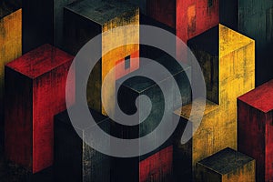 Abstract Geometric Cubes: Red, Yellow, and Dark Grey 3D Isometric Pattern
