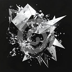Abstract geometric explosion of shattered glass fragments on a dark background, creating a dynamic and sharp visual effect