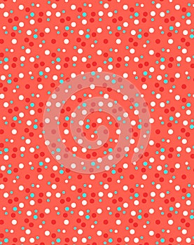 Abstract geometric fabric print with white and red polka dots on a muted red background