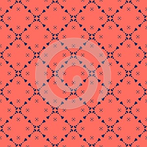Abstract geometric floral vector seamless pattern in dark blue and coral color