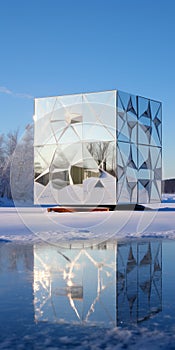 Abstract Geometric Glass Building On Lake: A Mirrored Installation