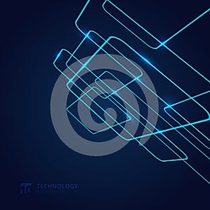 Abstract geometric glow neon blue line overlapping perspective on dark background technology concept