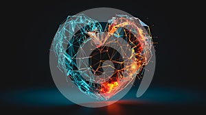 Abstract geometric glowing heart on a dark background, generative AI. photo