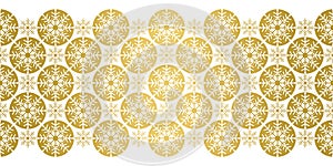 Abstract geometric gold foil seamless snowflake texture Border on white background. Elegant vector pattern.