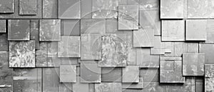 Abstract geometric gray grey 3d texture concrete cement wall with squares and square cubes background banner, AI