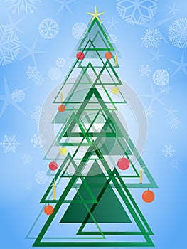 Abstract geometric green Christmas tree. Triangle design pattern Christmas tree on blue background with snowflakes