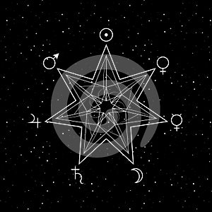 Abstract geometric heptagram and seven planets on starry background