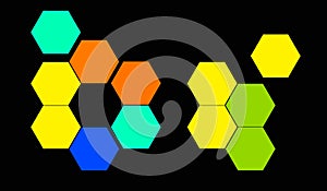 Abstract geometric hexagons colourful shapes isolated black background for graphic design, science and medicine concept,