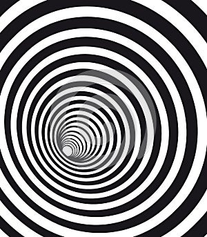 Abstract geometric hypnotic spiral. Black wormhole tunnel optical illusion.