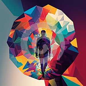Abstract Geometric image of a silhouette of a man walking surrounded by kaleidescope color