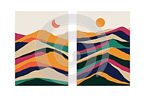 Abstract geometric landscape painting. Minimalist mountain wall decoration, contemporary posters 50s aesthetic. Vector