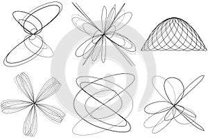 Abstract geometric lineart, lines design element. Curvy, ripple lines mandala, motif shape set. Tangled, knot effect lines