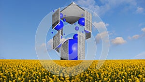 Abstract geometric monochrome building with blue geometric elements standing in the middle of yellow flower field