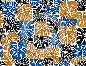 Abstract geometric monstera leaves seamless pattern. Matisse art inspired botanical background. Modern summer illustration