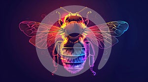 Abstract geometric neon bee against dark backdrop. Colorful stylized insect art. Concept of creativity, graphics