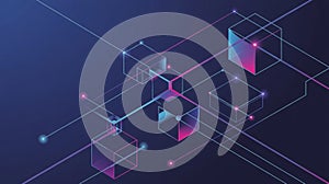 Abstract geometric network of cubes and lines on dark blue background