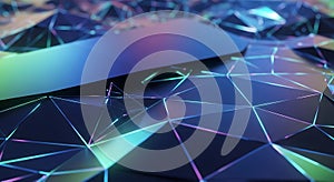 Abstract geometric network with neon light lines on a dark surface
